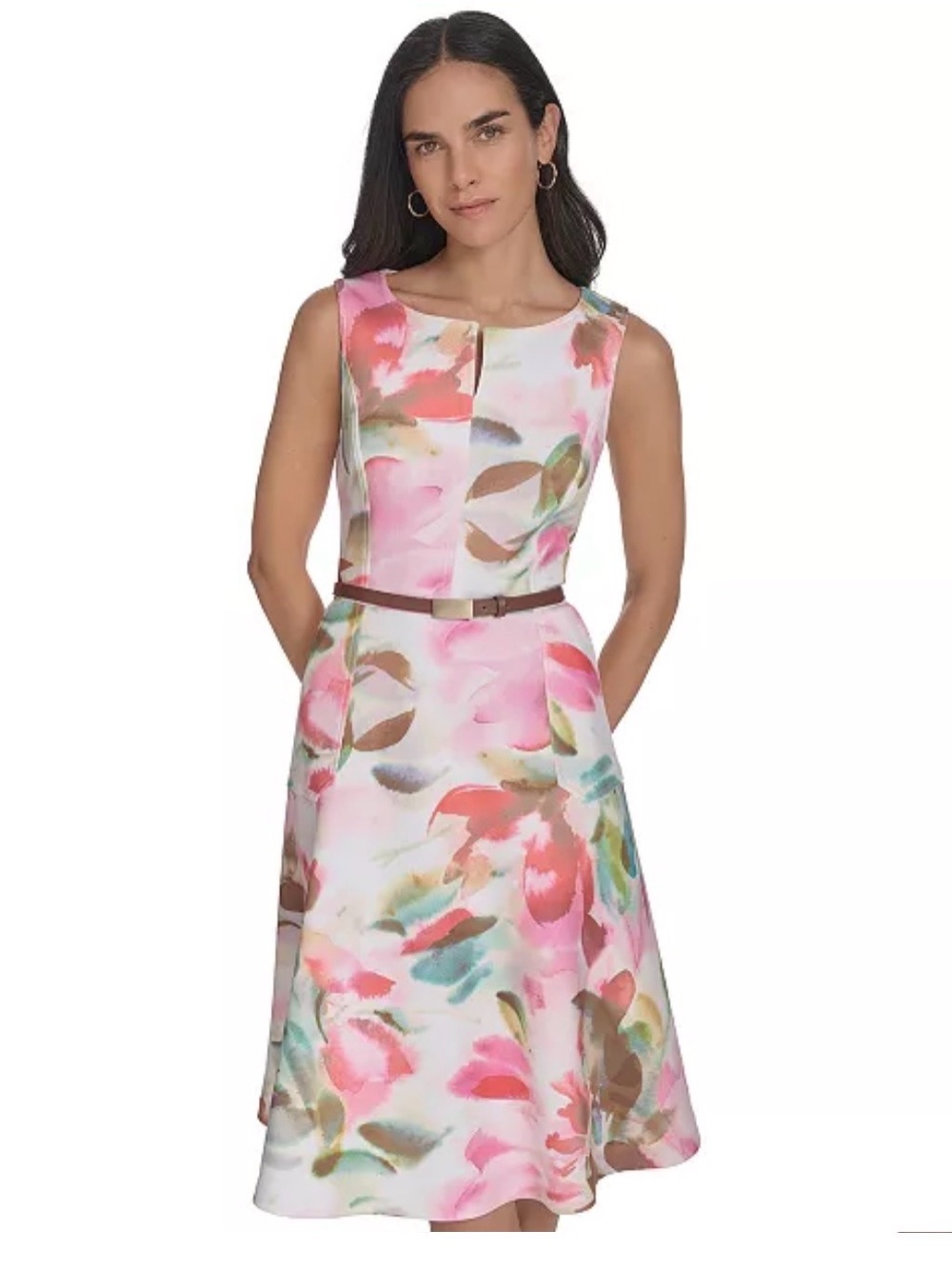 Calvin Klein Floral Watercolor Dress Sleeveless Fit & Flare stretch Dress sz 10 - Picture 9 of 9
